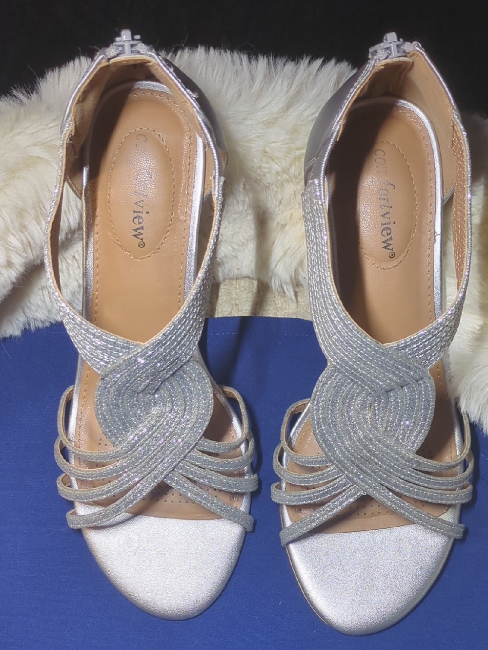 Comfortview"Genevieve" Pumps Silver Glitter Strappy Heels w/Knot Detail ONLY $60